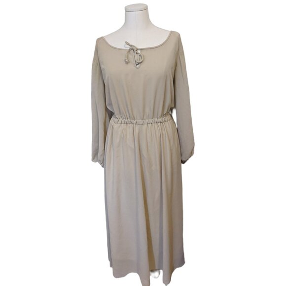 Vintage 70s Tan Maxi Dress Long Sleeve Drawstring Boho Prairie Peasant Retro L - Picture 2 of 9